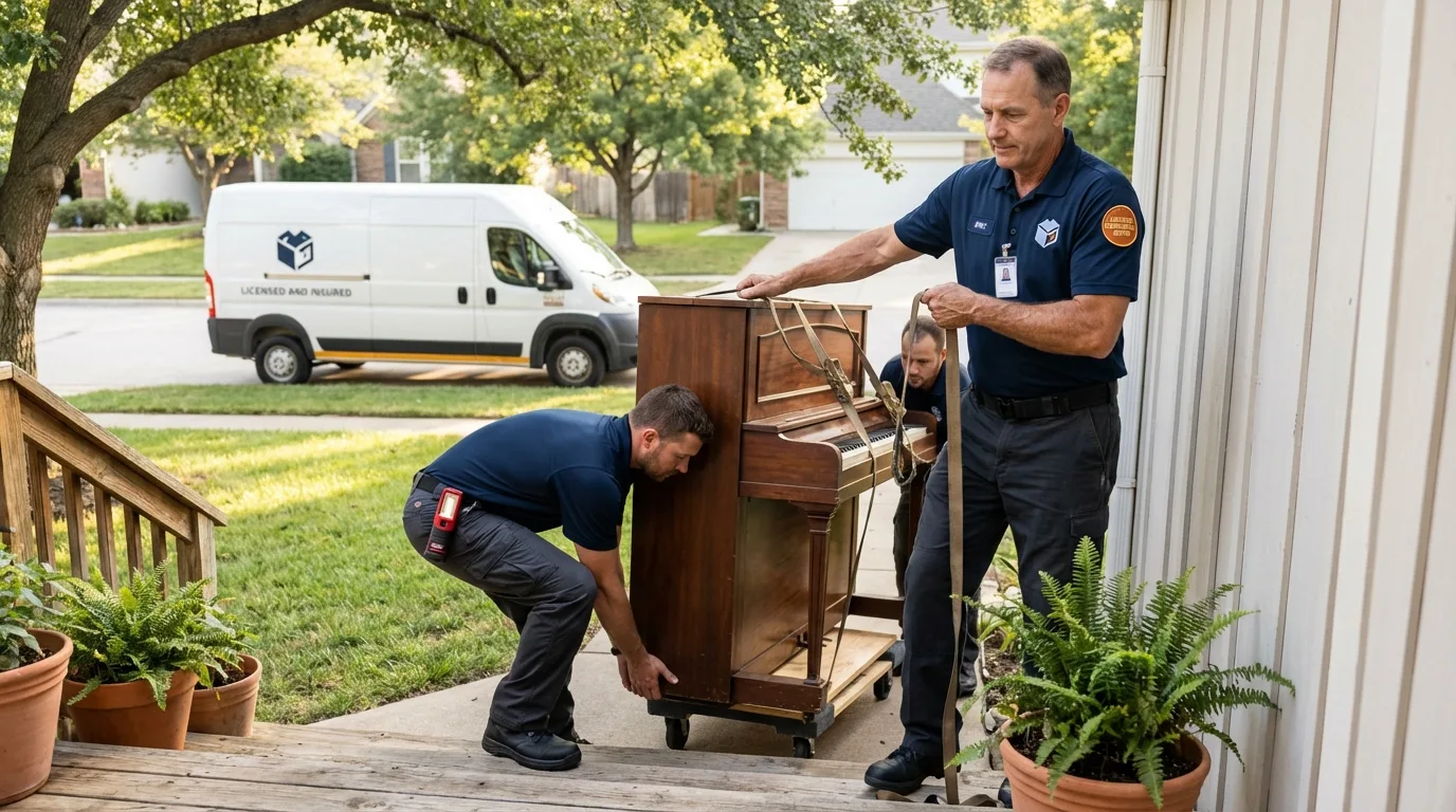 Licensed piano movers securing grand piano in Haynesville, LA