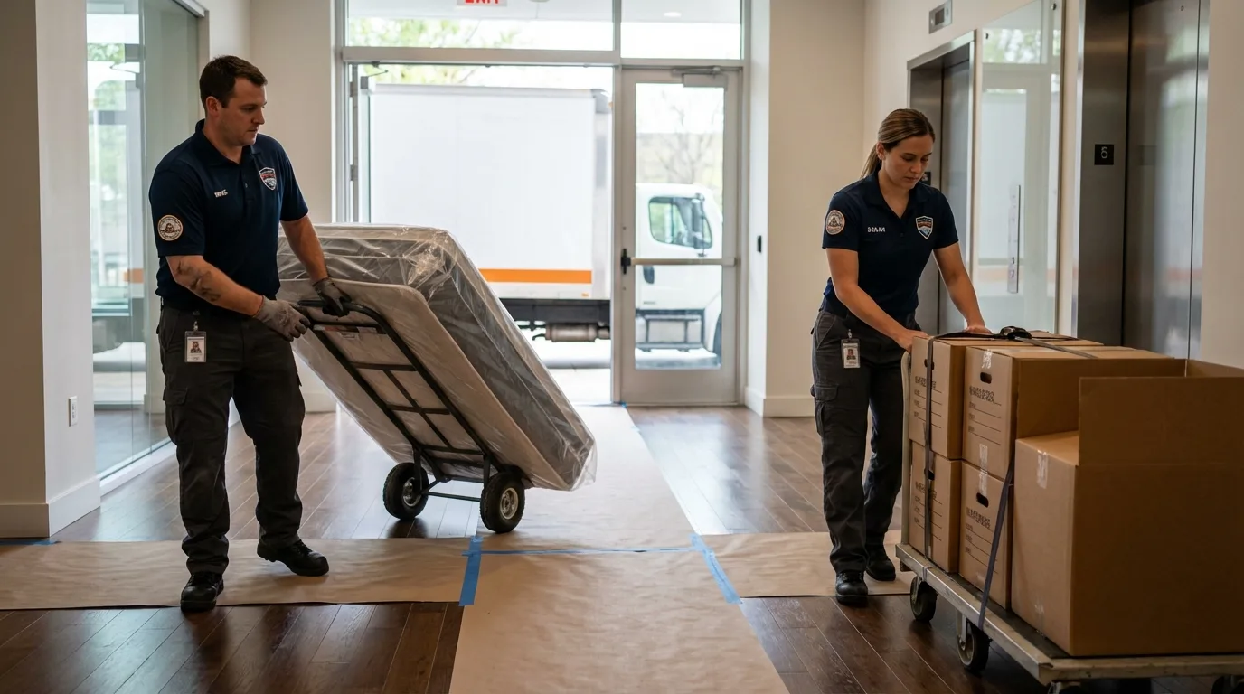 Professional apartment movers loading elevator in Haynesville, LA